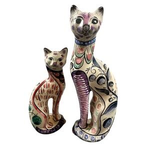 Set of Vintage‎ hand-painted Tonala Mexican Folk Art Cat Figurines S.Cooper 2000
